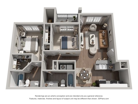 Floor plan for 2 beds, 2 baths, 951 sqft